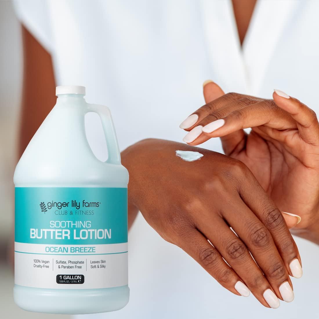 imageGinger Lily Farms Club amp Fitness Soothing Butter Lotion for Dry Skin 100 Vegan amp CrueltyFree Citrus Scent 1 Gallon 128 fl oz RefillOcean Breeze