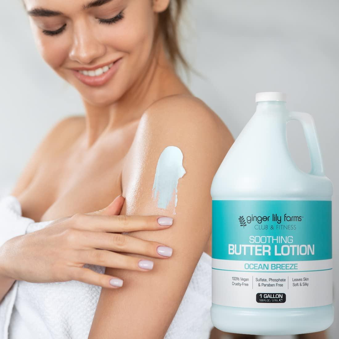 imageGinger Lily Farms Club amp Fitness Soothing Butter Lotion for Dry Skin 100 Vegan amp CrueltyFree Citrus Scent 1 Gallon 128 fl oz RefillOcean Breeze