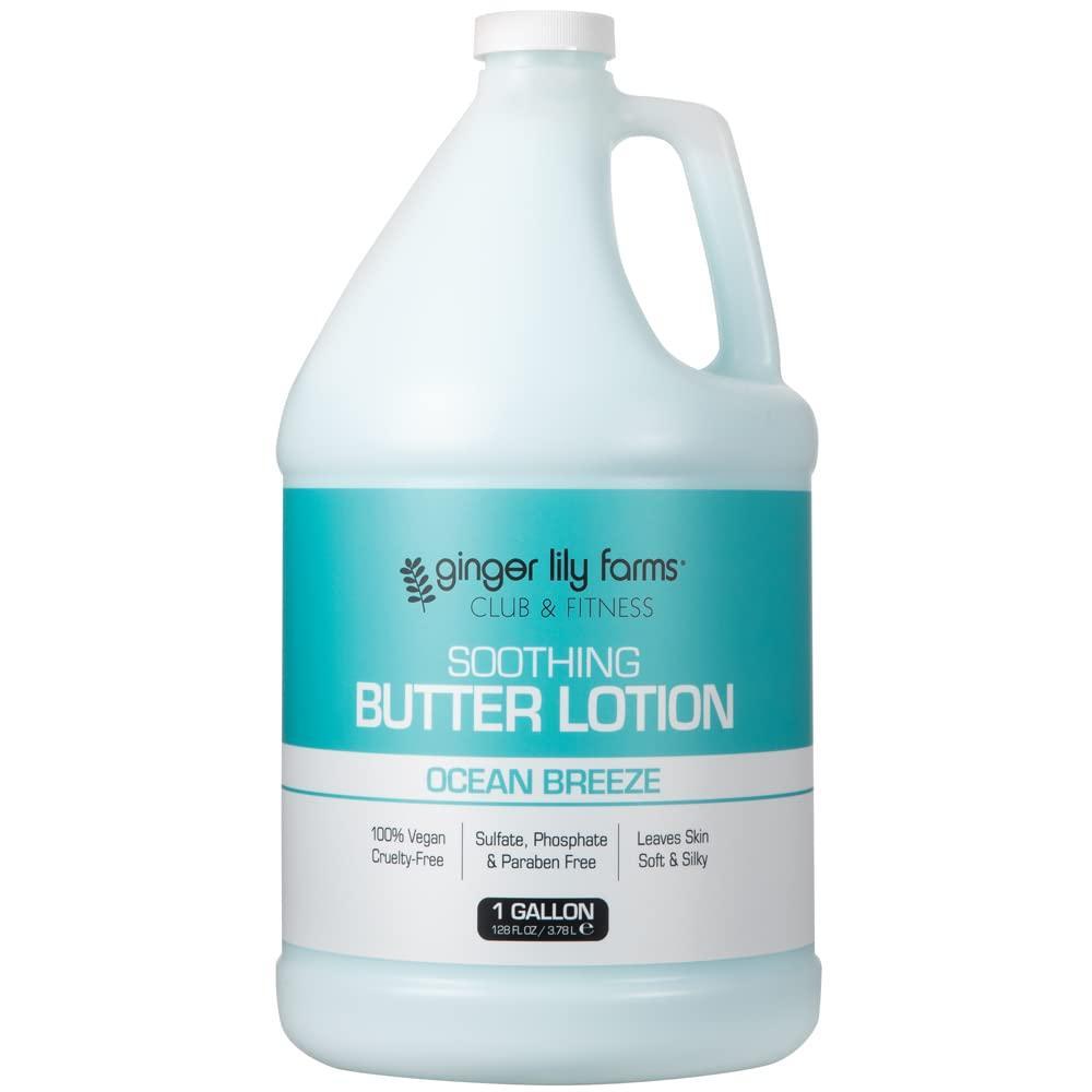 imageGinger Lily Farms Club amp Fitness Soothing Butter Lotion for Dry Skin 100 Vegan amp CrueltyFree Citrus Scent 1 Gallon 128 fl oz RefillOcean Breeze