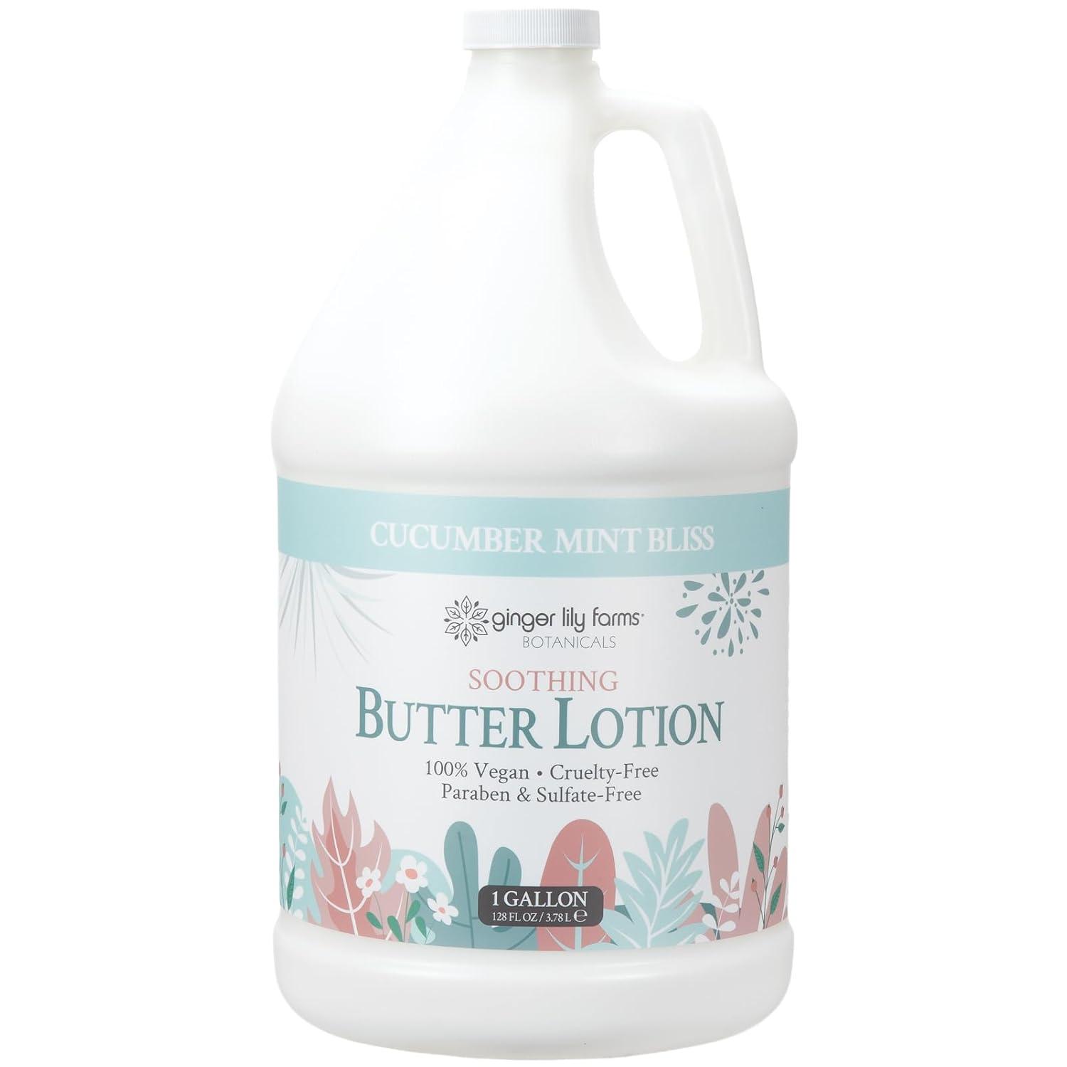 imageGinger Lily Farms Botanicals Soothing Butter Lotion for Dry Skin 100 Vegan amp CrueltyFree Vanilla Sugar Bliss Scent 1 Gallon 128 fl oz RefillCucumber Mint Bliss