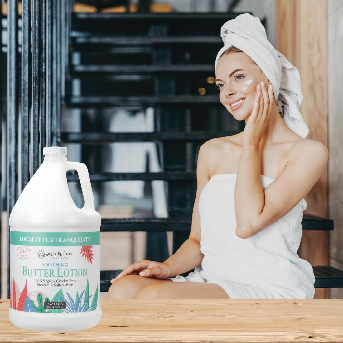 imageGinger Lily Farms Botanicals Soothing Butter Lotion for Dry Skin 100 Vegan amp CrueltyFree Vanilla Sugar Bliss Scent 1 Gallon 128 fl oz RefillEucalyptus Tranquility