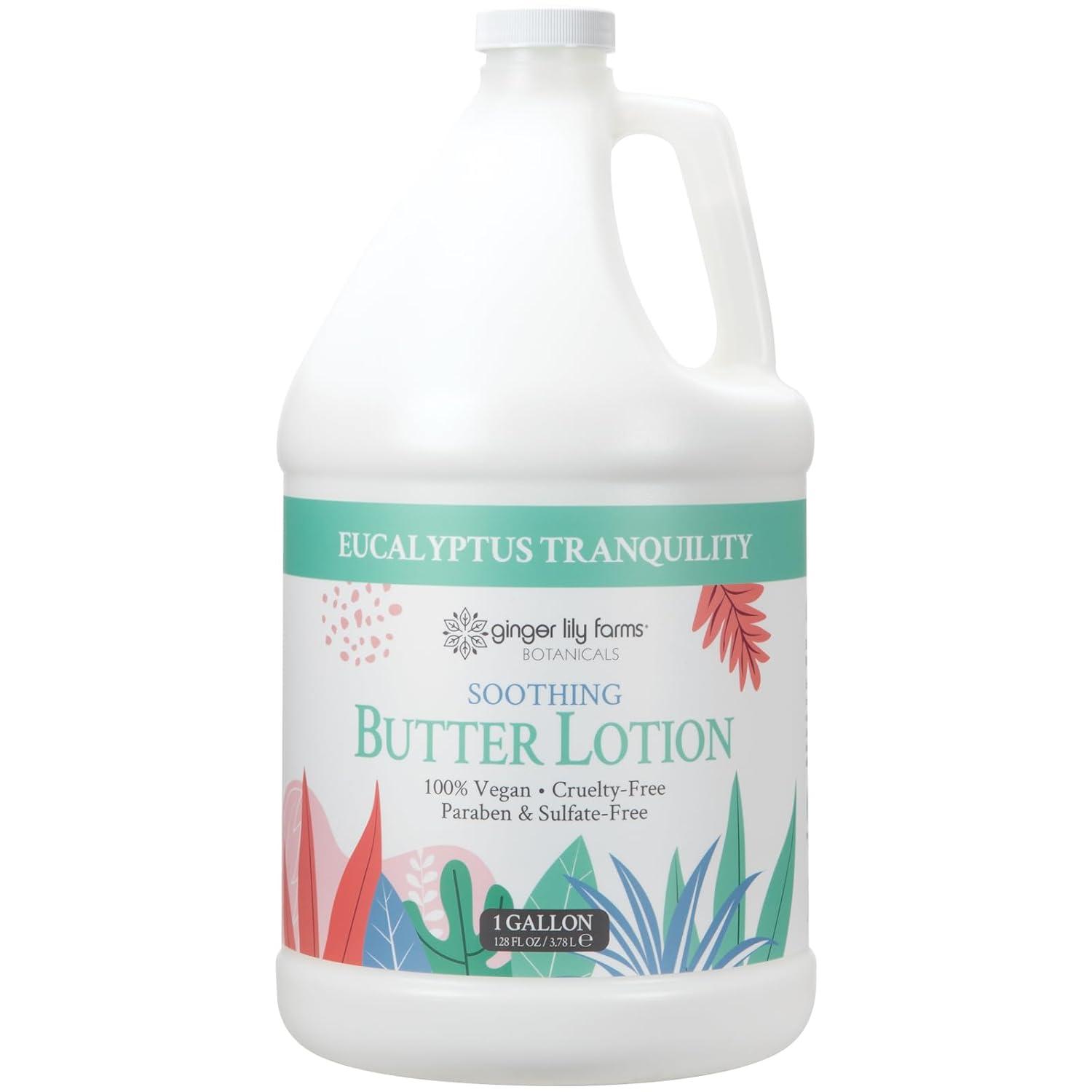 imageGinger Lily Farms Botanicals Soothing Butter Lotion for Dry Skin 100 Vegan amp CrueltyFree Vanilla Sugar Bliss Scent 1 Gallon 128 fl oz RefillEucalyptus Tranquility