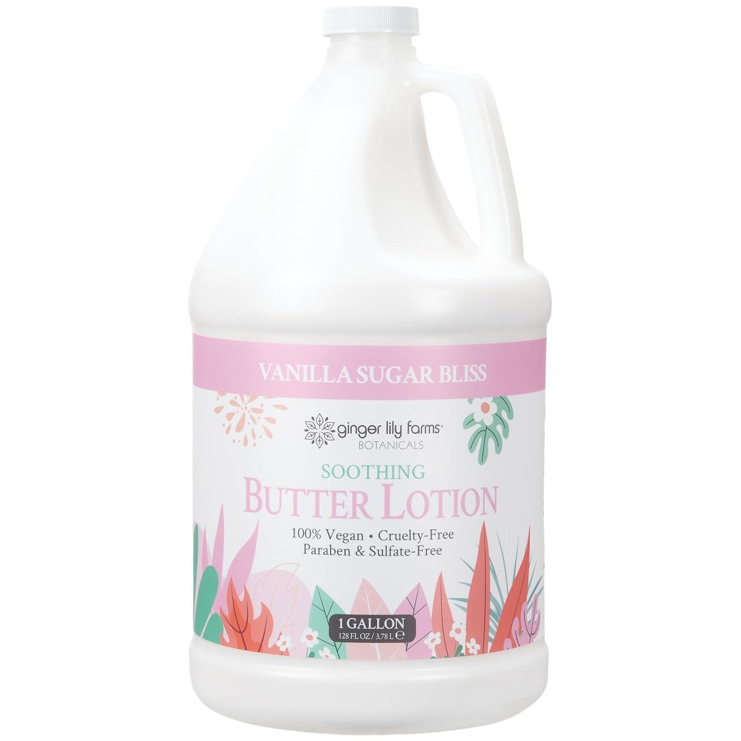imageGinger Lily Farms Botanicals Soothing Butter Lotion for Dry Skin 100 Vegan amp CrueltyFree Vanilla Sugar Bliss Scent 1 Gallon 128 fl oz RefillVanilla Sugar Bliss