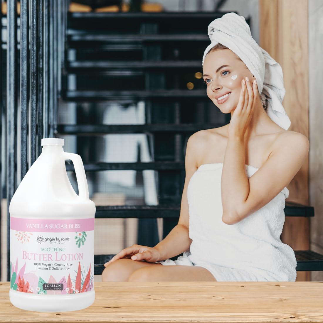 imageGinger Lily Farms Botanicals Soothing Butter Lotion for Dry Skin 100 Vegan amp CrueltyFree Vanilla Sugar Bliss Scent 1 Gallon 128 fl oz RefillVanilla Sugar Bliss