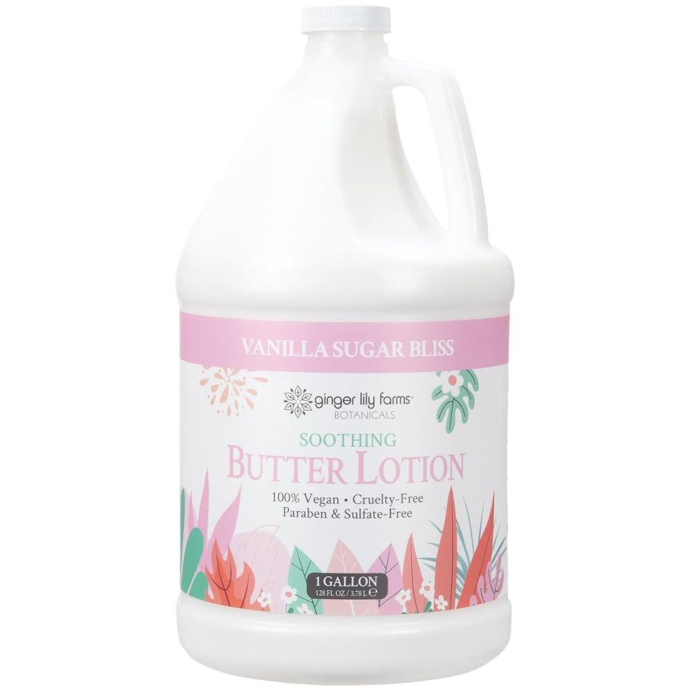 imageGinger Lily Farms Botanicals Soothing Butter Lotion for Dry Skin 100 Vegan amp CrueltyFree Vanilla Sugar Bliss Scent 1 Gallon 128 fl oz RefillVanilla Sugar Bliss