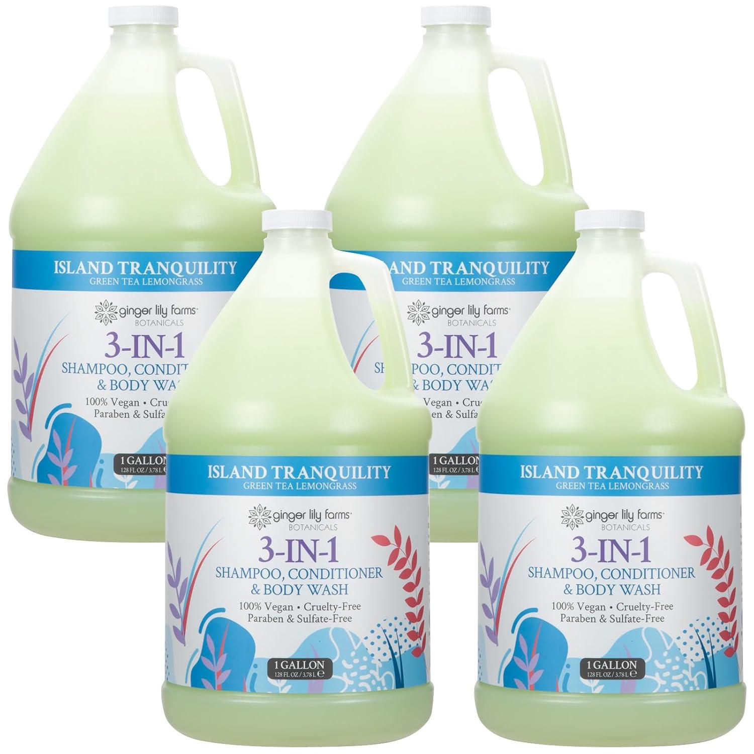 imageGinger Lily Farms Botanicals 3in1 Shampoo Conditioner amp Body Wash Island Tranquility 100 Vegan amp CrueltyFree Green Tea amp Lemongrass Scent 1 Gallon 128 fl oz RefillIsland Tranquility