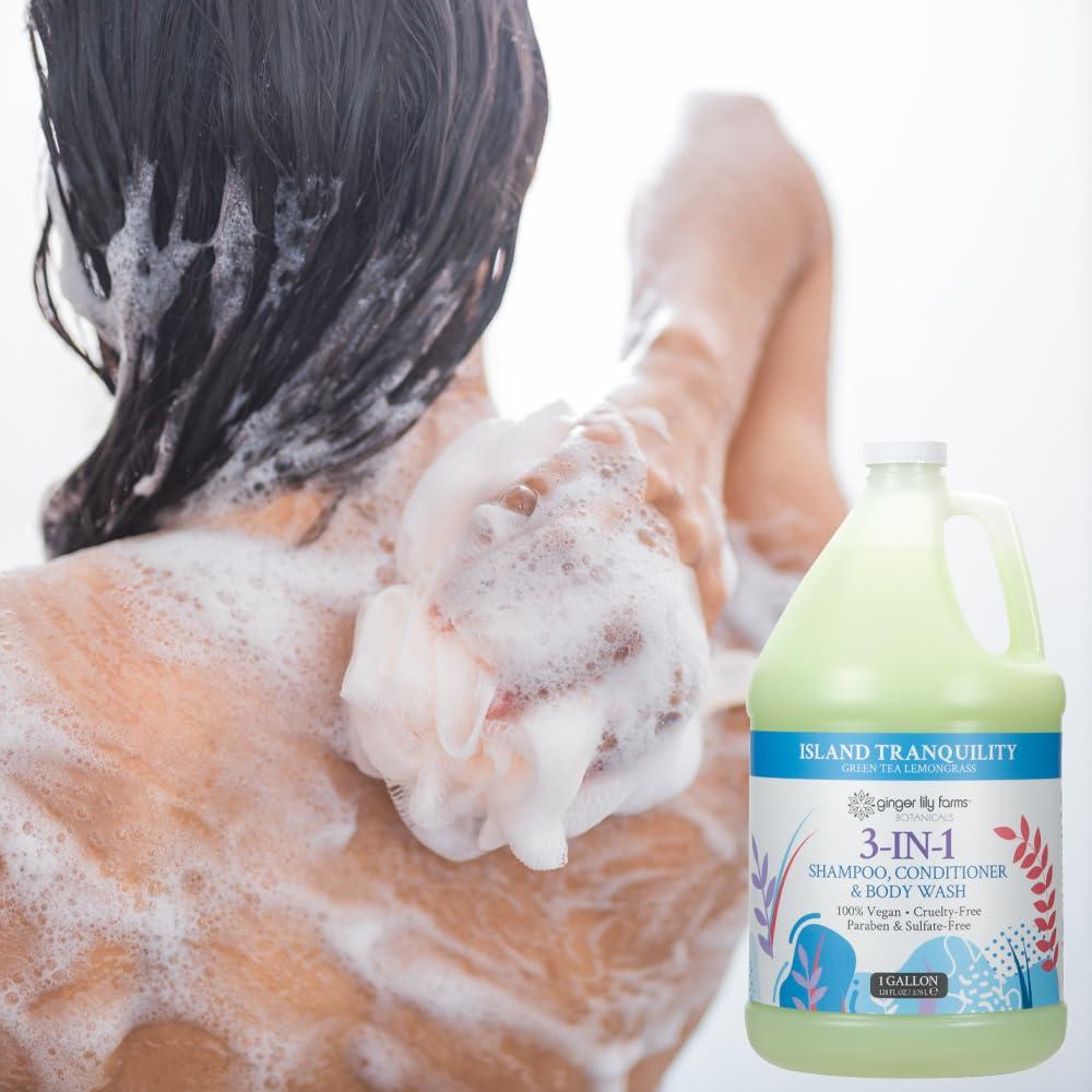 imageGinger Lily Farms Botanicals 3in1 Shampoo Conditioner amp Body Wash Island Tranquility 100 Vegan amp CrueltyFree Green Tea amp Lemongrass Scent 1 Gallon 128 fl oz RefillIsland Tranquility