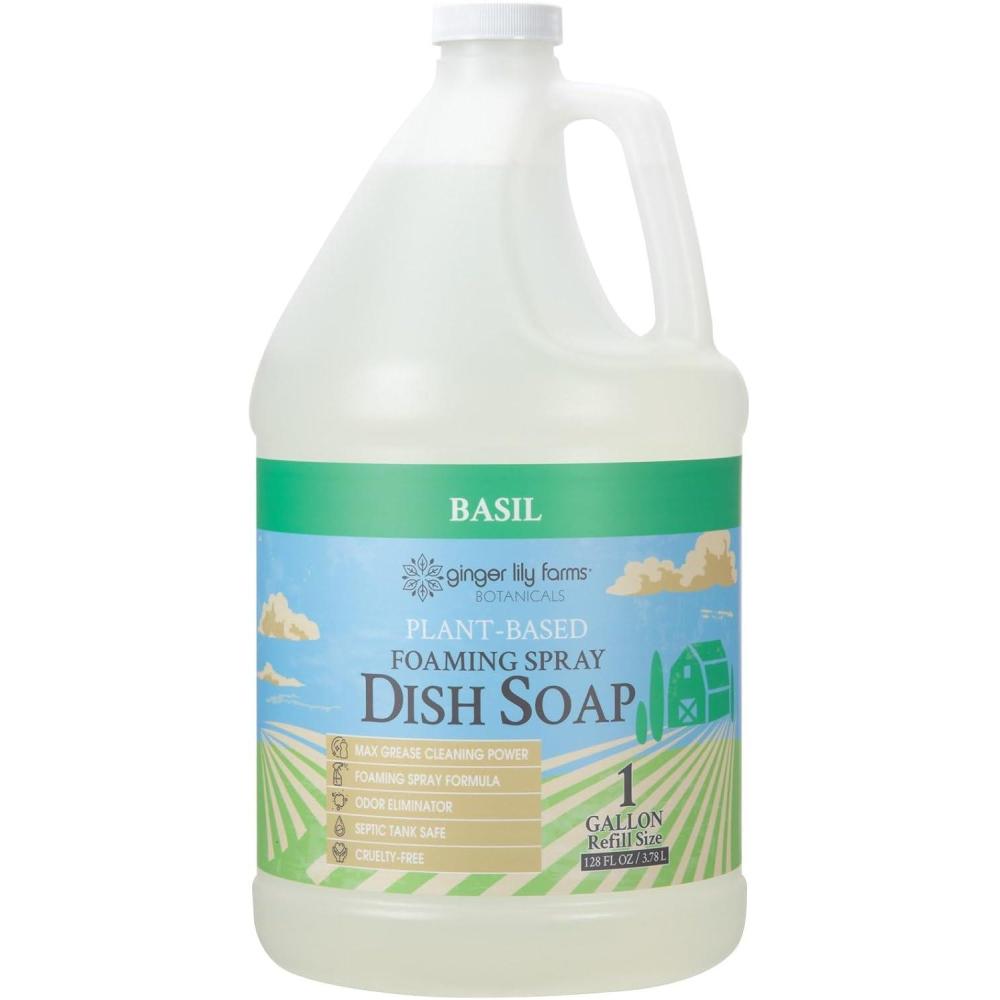 imageGinger Lily Farms Botanicals PlantBased Foaming Spray Dish Soap Concentrated Formula with Max Grease Cleaning Power CrueltyFree FragranceFree 1 Gallon Refill 128 Fl OzBasil